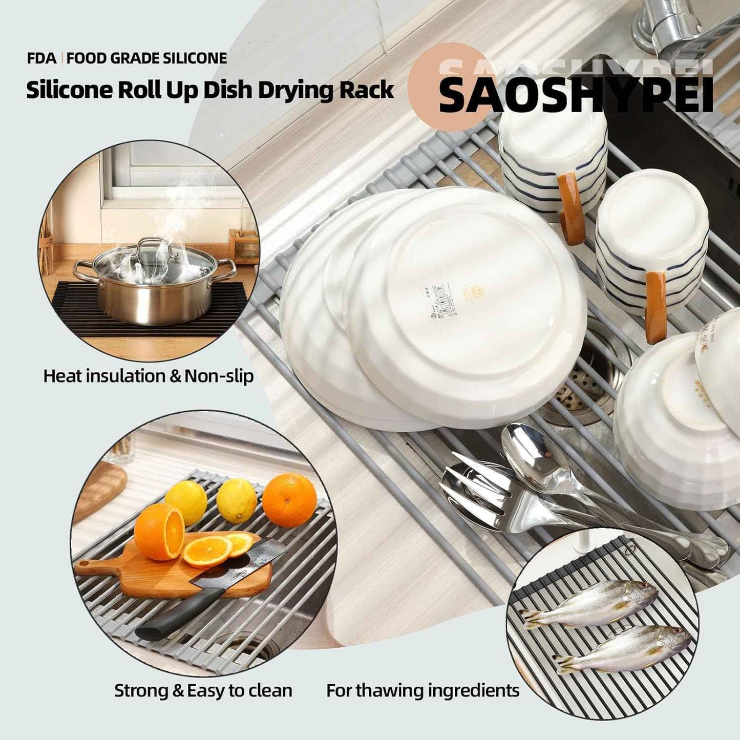 SAOSHYPEI Roll Up Dish Drying Rack,Over The Sink Dish Drainer Anti-Slip Dish Racks for Kitchen Counter,Silicone Coated Steel Multipurpose Space Saving for Kitchen,20.5" x 13.1", Grey