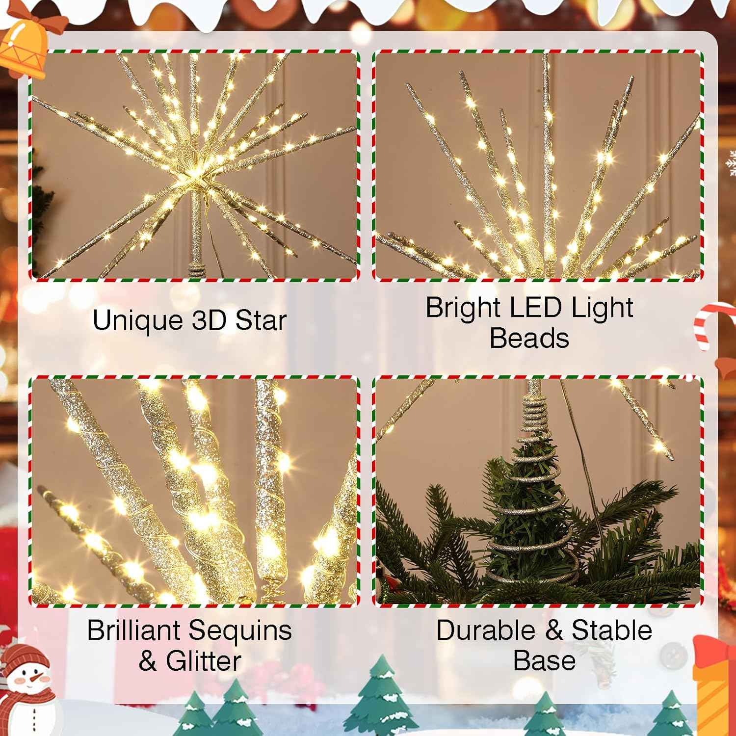 15 Inch Christmas Tree Star Topper with 150 LED Timer Lights & Remote, 19-Point USB Powered Lighted Silver Starburst Star Tree Topper for Indoor Holiday Party Xmas Tree Decor
