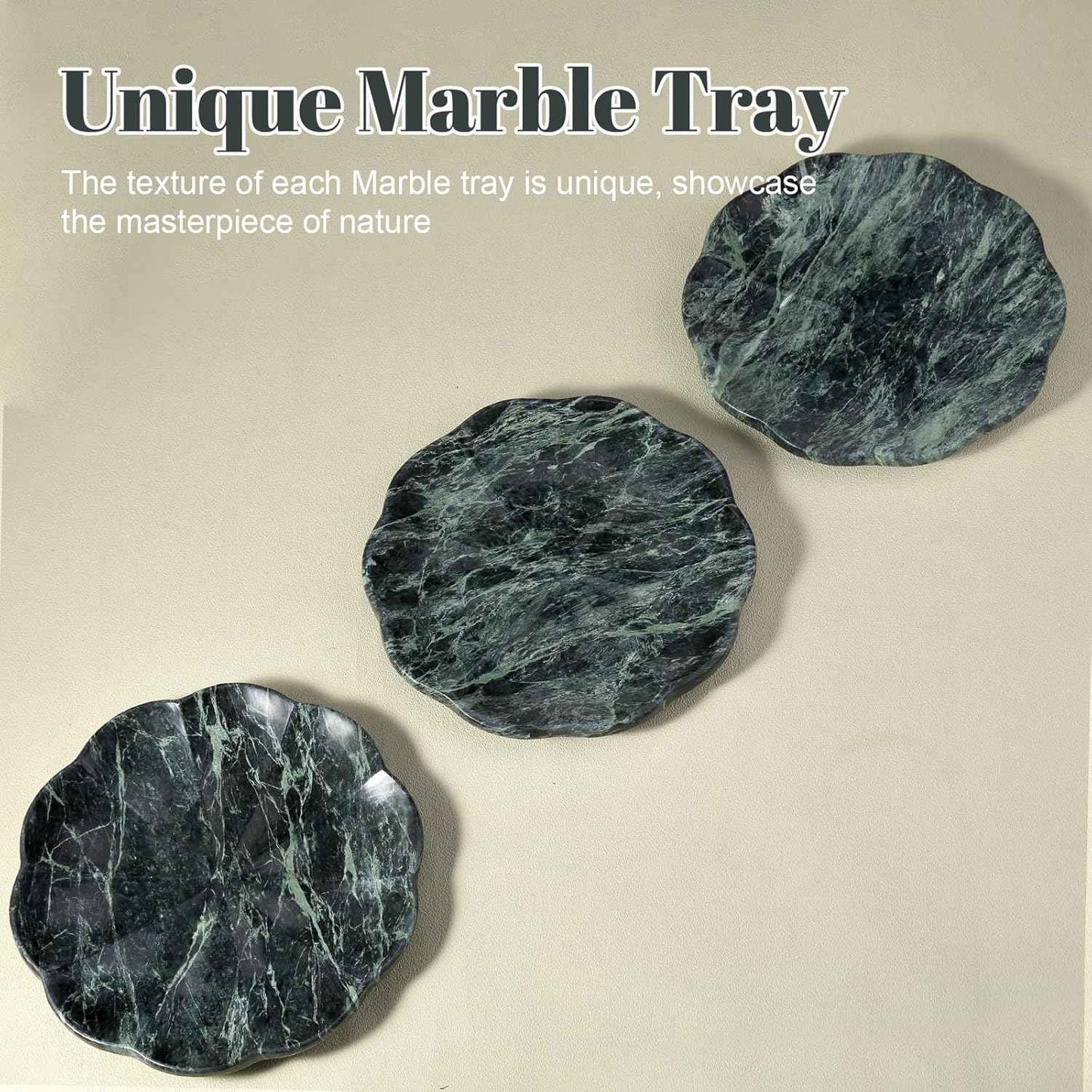 Koville Marble Tray, 8" Round Marble Vanity Tray for Jewelry Trinket Perfume, Natural Stone Tray for Bathroom Kitchen Dresser Countertop, Scalloped Decorative Tray for Home Table Decor(Green)