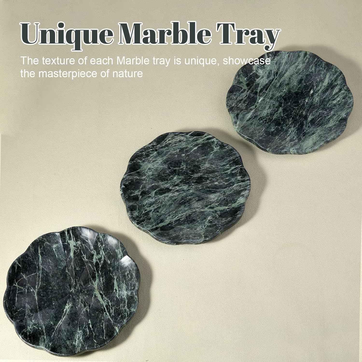 Koville Marble Tray, 8" Round Marble Vanity Tray for Jewelry Trinket Perfume, Natural Stone Tray for Bathroom Kitchen Dresser Countertop, Scalloped Decorative Tray for Home Table Decor(Green)