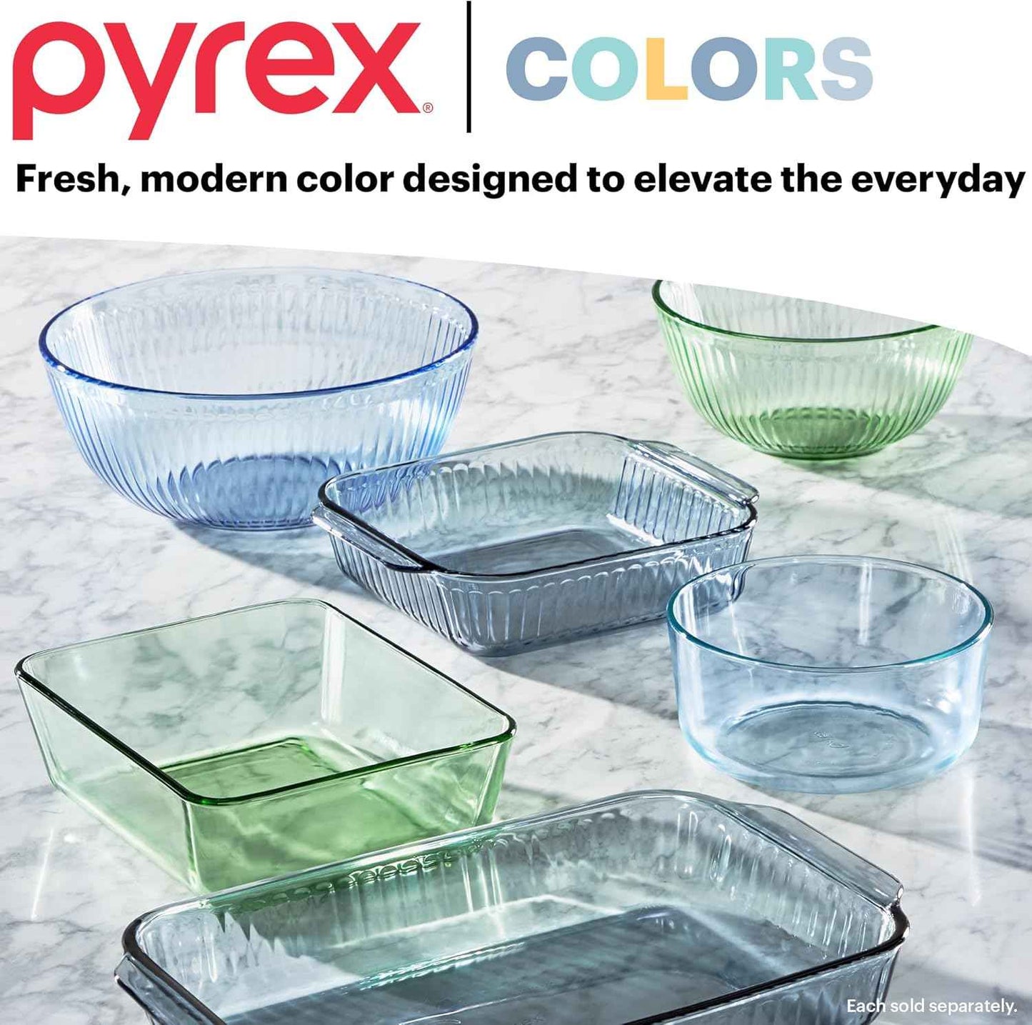 Pyrex Colors Tinted (3-Pack, Full Set) Sculpted Tinted Glass Mixing Bowls With Plastic Lids, Nesting Space Saving Set of Bowls For Prepping and Baking, 1.3QT, 2.3QT & 4.5QT