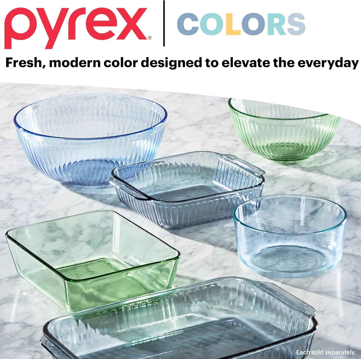 Pyrex Colors Tinted (3-Pack, Full Set) Sculpted Tinted Glass Mixing Bowls With Plastic Lids, Nesting Space Saving Set of Bowls For Prepping and Baking, 1.3QT, 2.3QT & 4.5QT