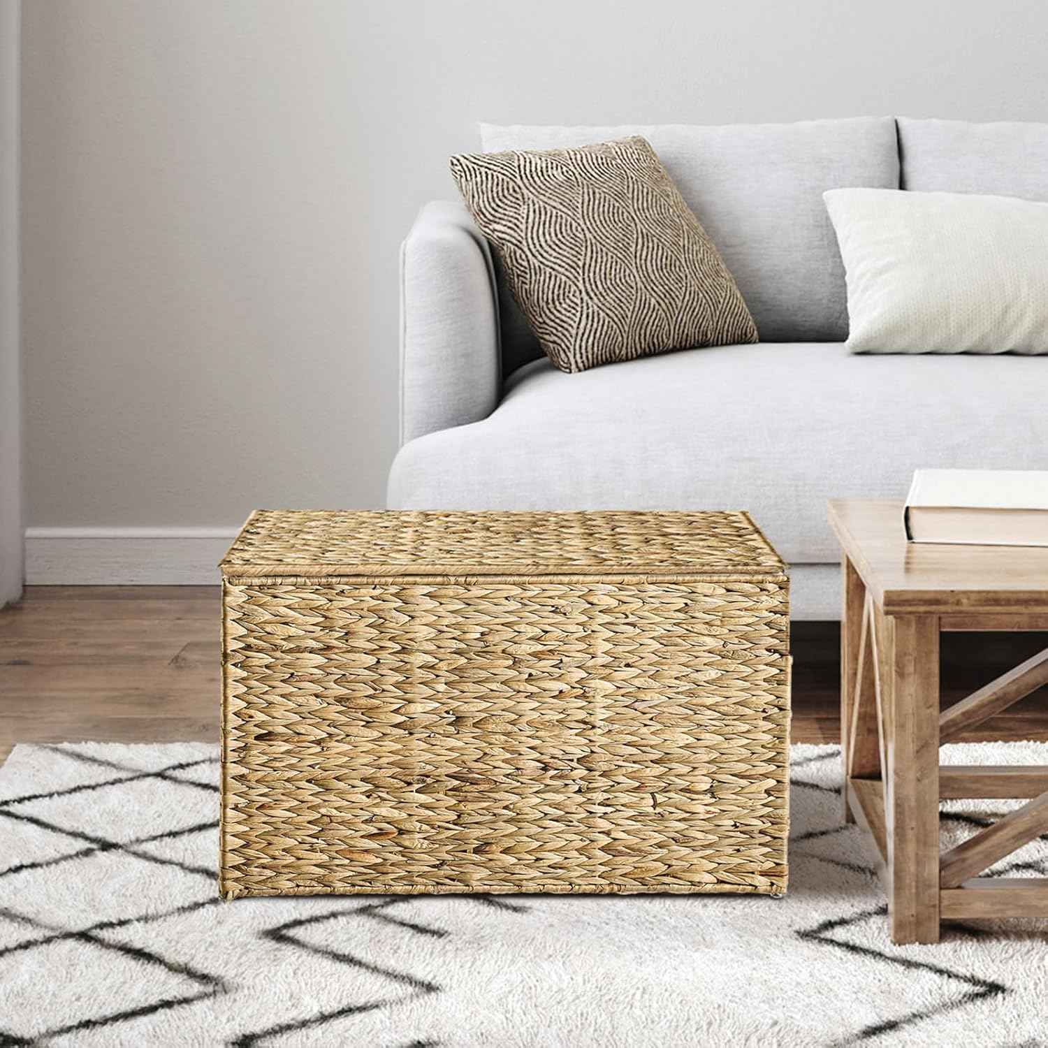 Water Hyacinth Storage Basket with Lid, 27.7 Gallon (105L) Blanket Storage Basket with Handles, Woven Storage Bin, Foldable, Metal Frame, for Bedroom, Laundry Room, Natural
