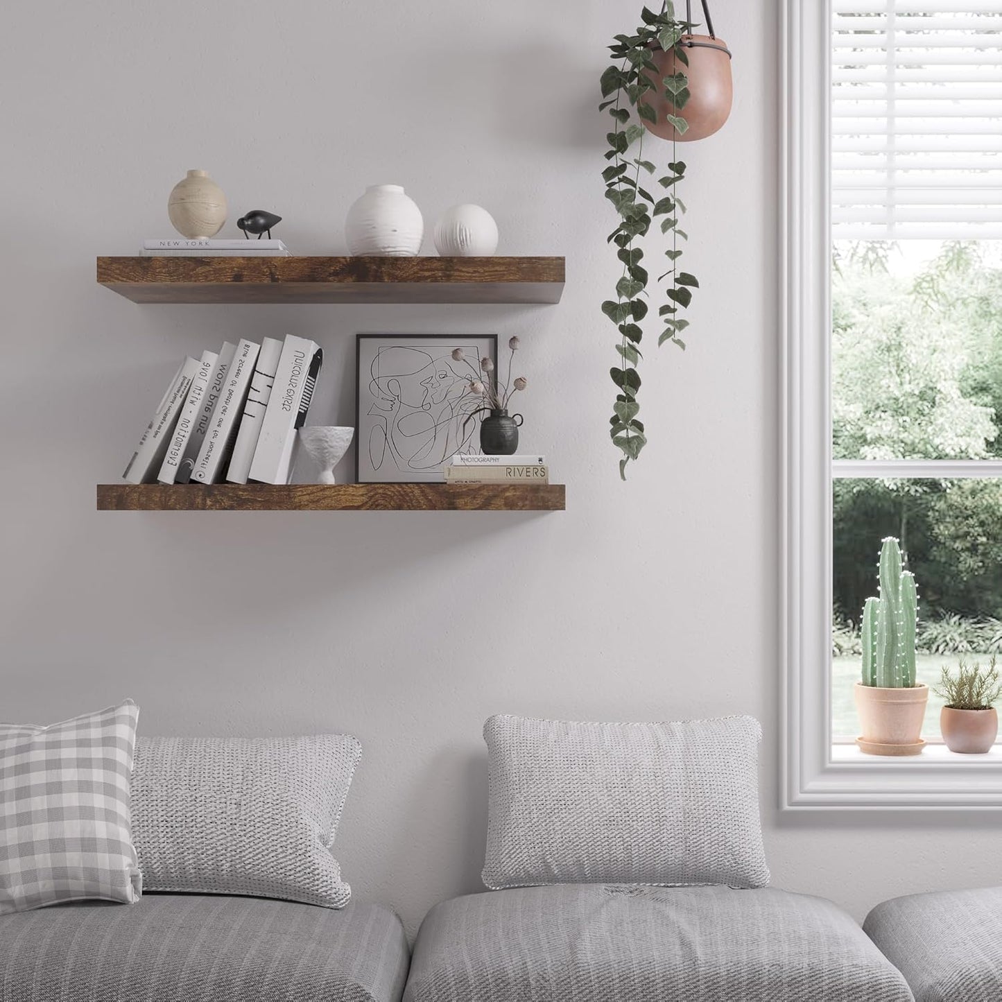 Floating Shelf, Set of 2 Wall Shelf, 24 in W x 12.75 in D x 2 in H Wooden Floating Wall Shelf with Invisible Brackets for Living Room/Bedroom/Bathroom/Kitchen Storage and Decor, Rustic Brown