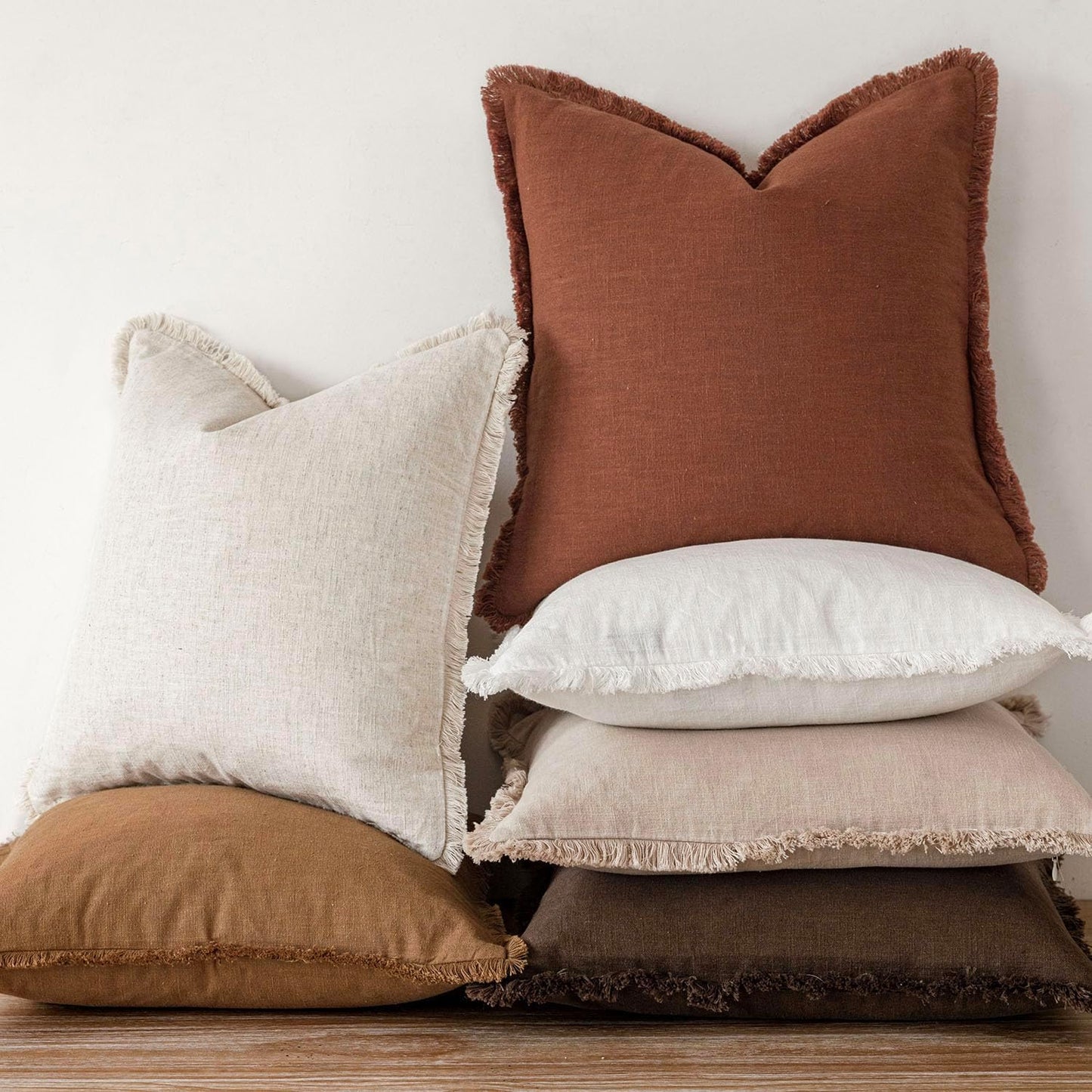 Foindtower Set of 2 Decorative Linen Fringe Throw Pillow Covers Cozy Boho Farmhouse Cushion Cover with Tassels Soft Accent Pillowcase for Couch Sofa Bed Living Room Home Decor, 26×26 Inch,Orange Brown