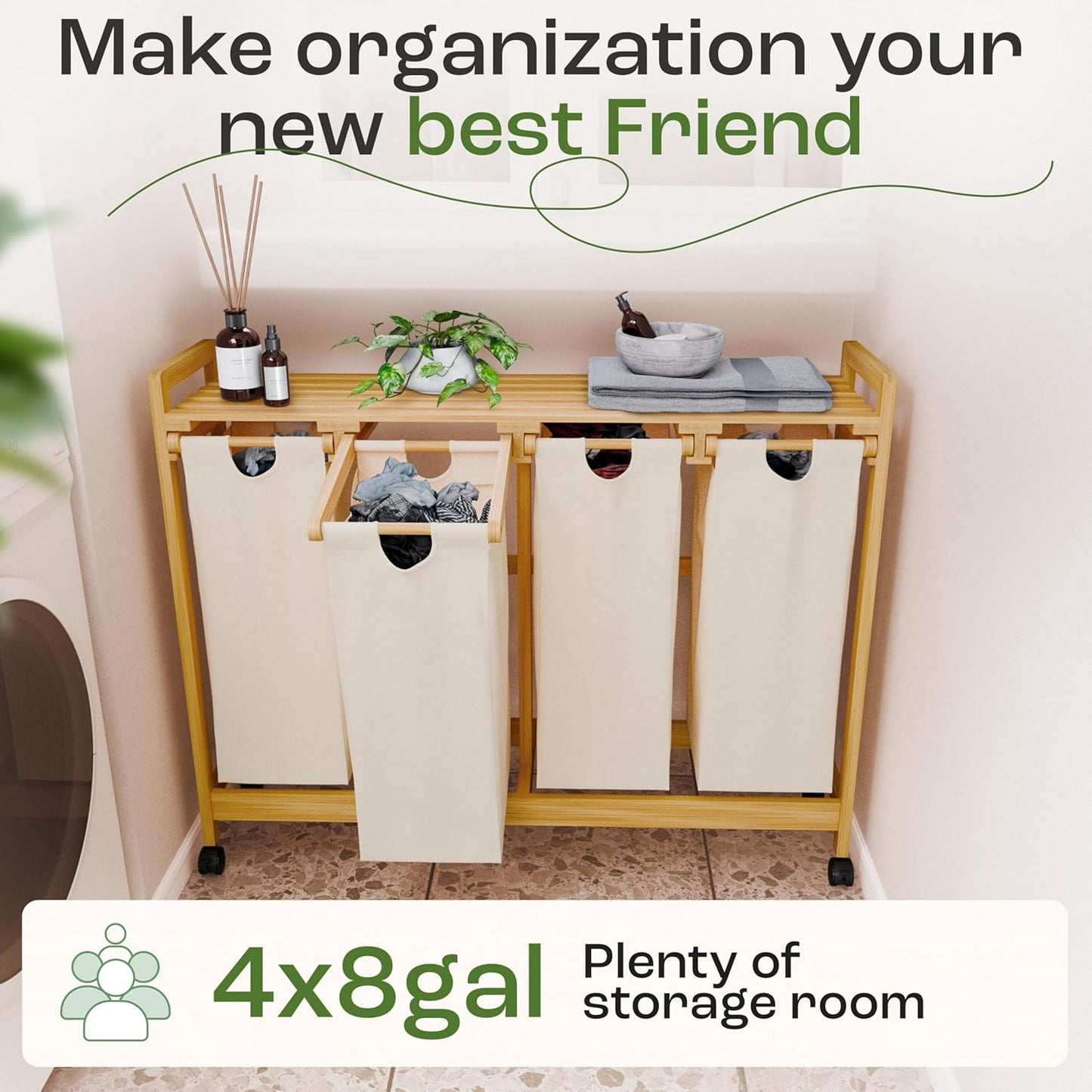Laundry Sorter with 4 Sections beige, Hamper with Removable Cotton Bags & Wheels – Perfect Laundry Organizer - Eco-Friendly Rolling Laundry Basket – Durable Bamboo and Stylish Design