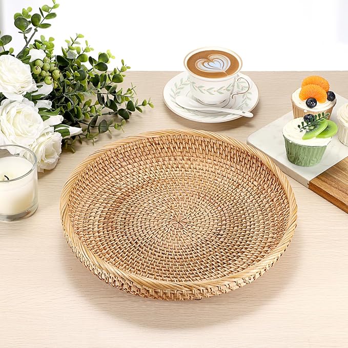 Hipiwe Round Key Basket Bowl for Entryway Table, 11.8" Large Rattan Tray Decorative Ottoman Trays Centerpiece for Coffee Table, Hand-Woven Fruit Basket Wicker Serving Trays