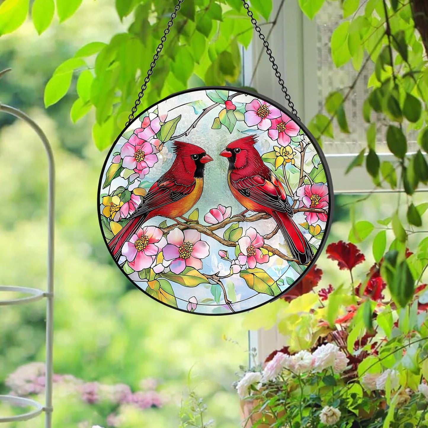 Stained Glass Window Hanging – Double-Sided Glass Sun Catcher with Chain – Memorial Window Art Panel for Home Décor, Spiritual Comfort, and All-Occasion Gifting