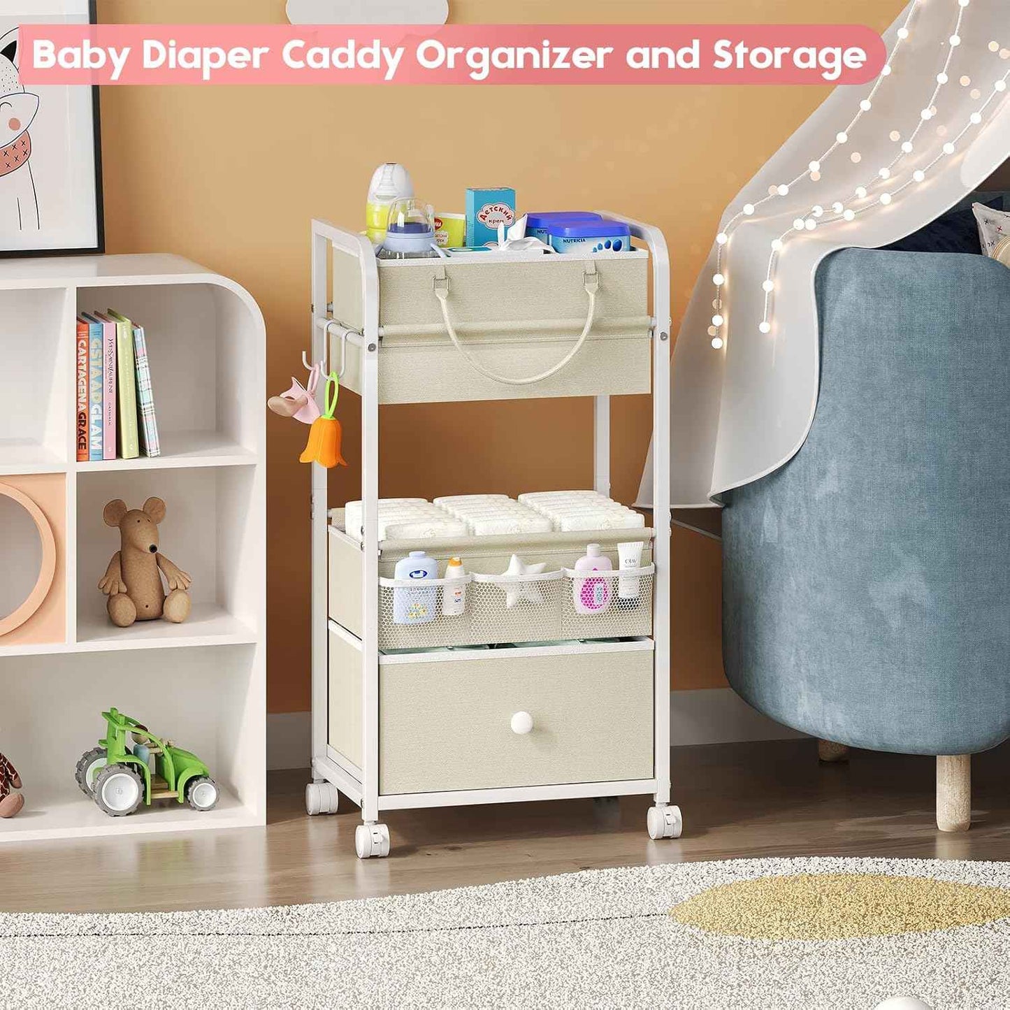 Cidaziya 2In1 Baby Diaper Caddy Organizer and Storage, 3 Tier Rolling Cart with Drawer, Mobile Utility Cart Baby Dresser Clothes Organizer for Crib, Art & Craft Storage, White, 17"W x 11.42"D x 33.5"H