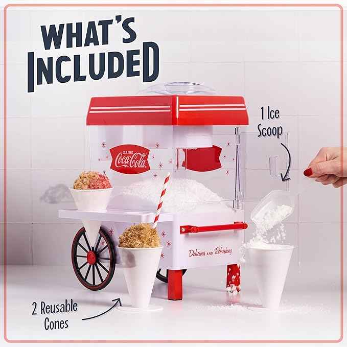Nostalgia Coca-Cola Snow Cone Machine – Retro Table-Top Snow Cone Maker with Stainless Steel Blades – Slushie Machine Includes 2 Reusable Plastic Cups & Ice Scoop, Makes 20 Icy Treats - White & Red