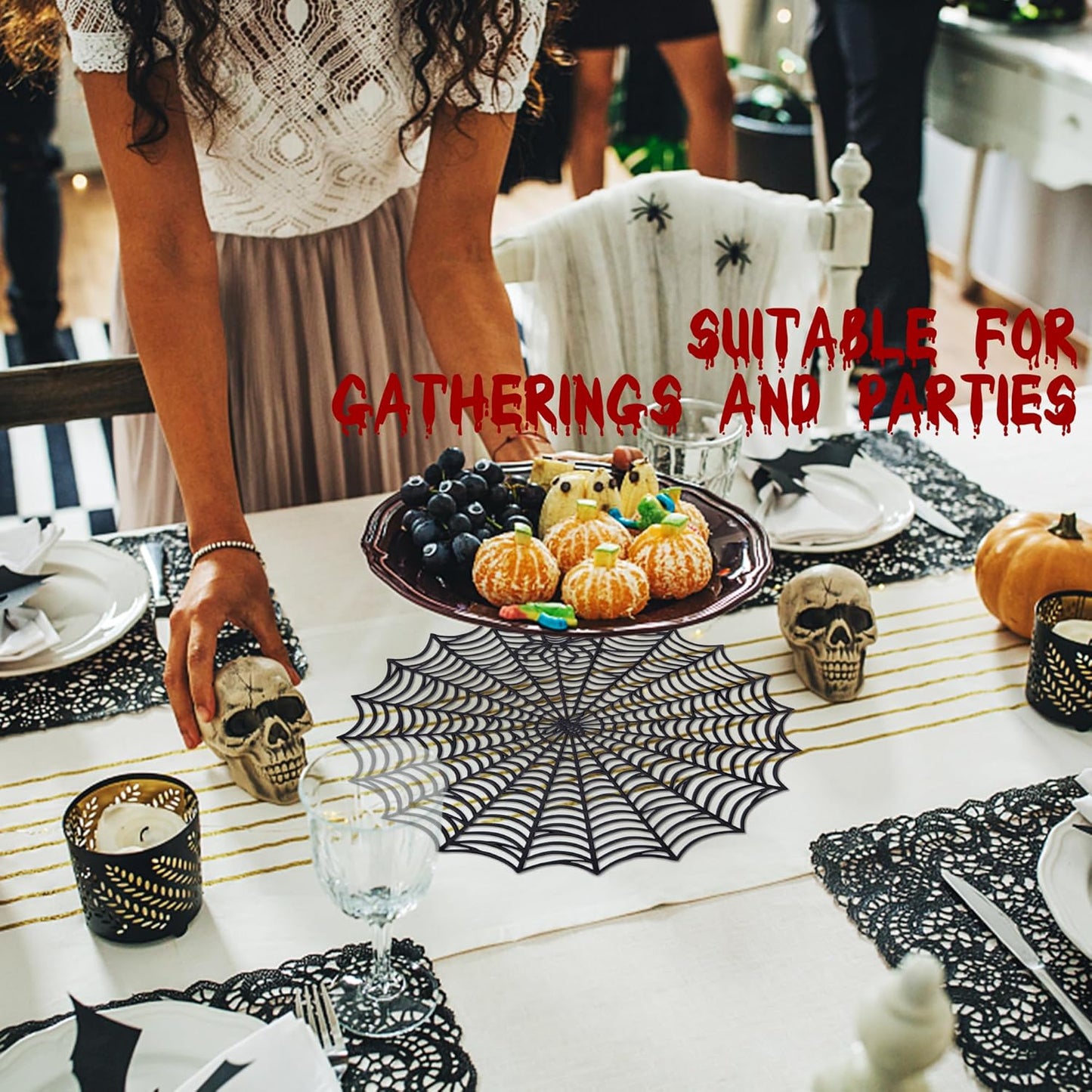 Sfcddtlg 6 Pcs Halloween Spider Web Placemats, 15" Heat Insulation Halloween Placemats Spider Web Table Mats, Hollow Out Spiderweb Coasters Placemat for Dining Table Party Decoration