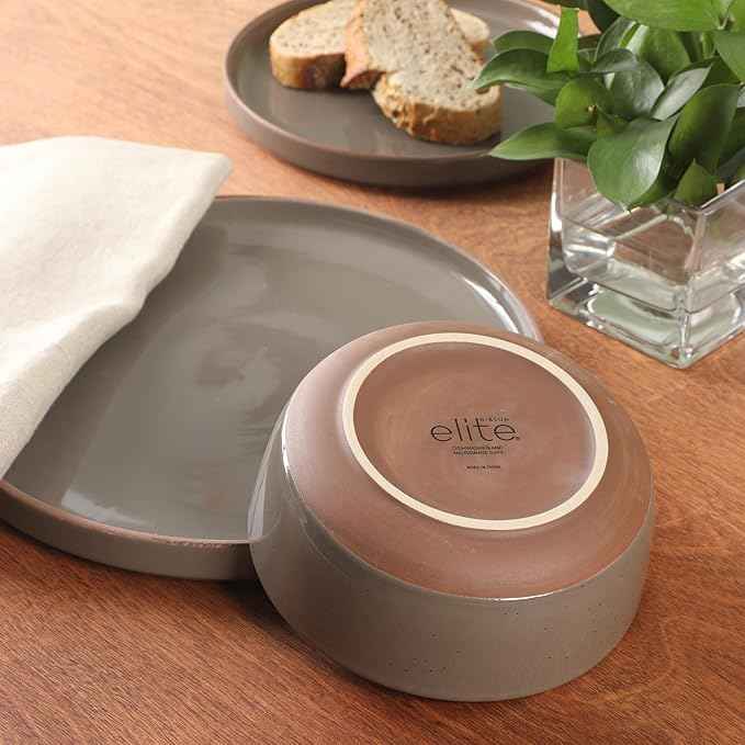 Gibson Elite Northrock Stoneware Dinnerware Set, 12-Piece Service for 4 Plates and Bowls Set – Gray Dishes with Hand-Painted Terracotta Base