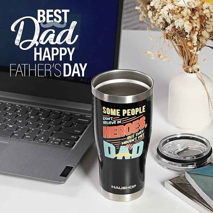 HAUSHOF Dad Gifts Tumbler 20oz Stainless Steel, Birthday Gifts for Father/Husband/Men from Daughter, Son, Kids, Wife - Heroes Dad, Black