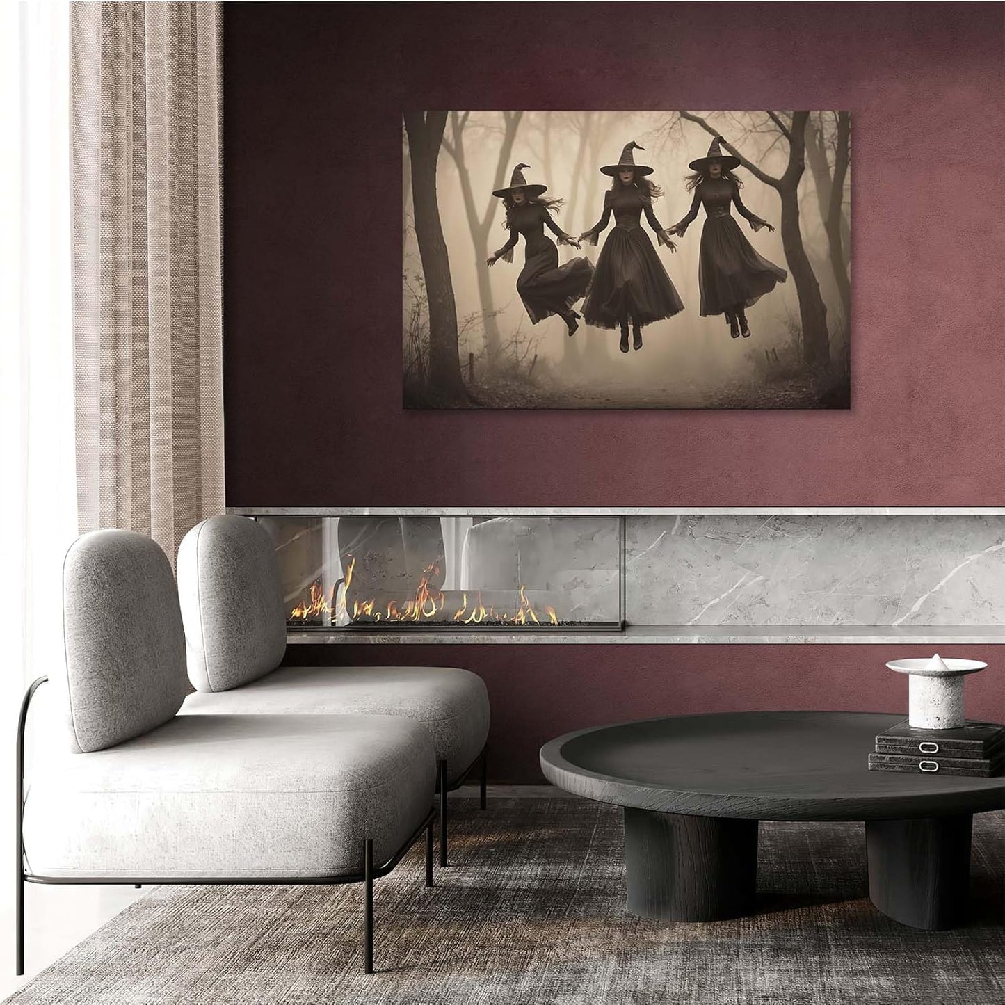 Three ghost witches flying in vintage forest gothic wall art witchcraft decoration holiday gift canvas wall art print24x36in Wood Framed