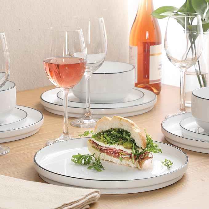 Gibson Home Rothernberg Plates and Bowls 18 Piece Porcelain White Dinnerware Set W/Black Rim | Stackable Dishes | Microwave & Dishwasher Safe