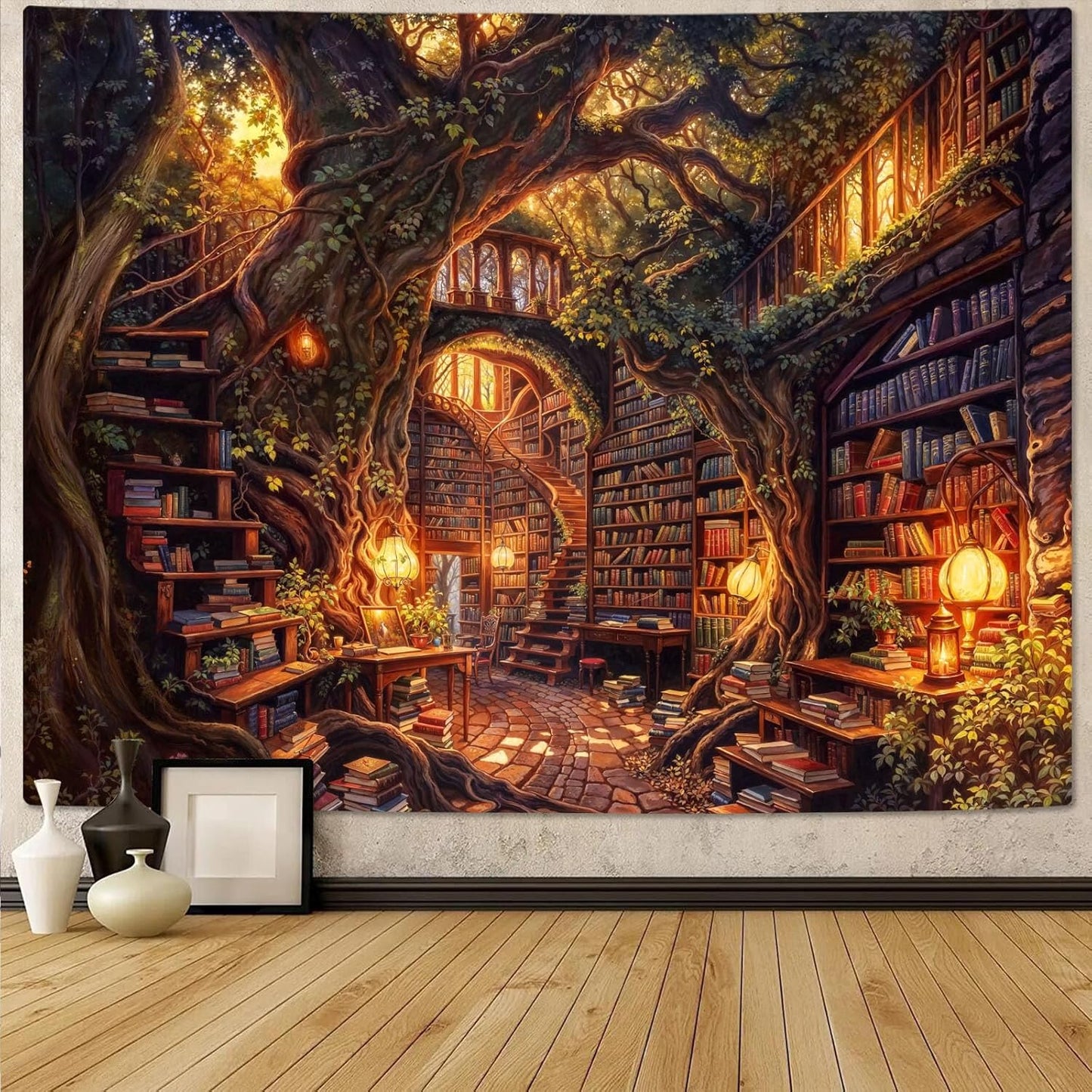 Accnicc Forest Library Tapestry Tree Bookshelf Tapestries Wall Hanging Vintage Fantasy Fairy Treehouse Book Large Tapestry for Bedroom Living Room Dorm Classroom 80 x 60 inch