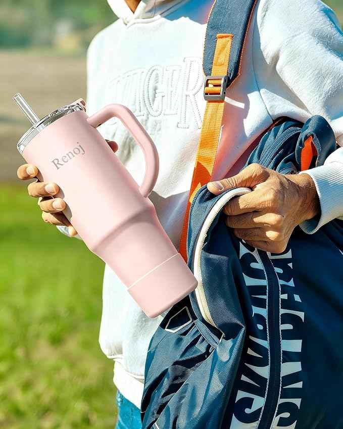 Renoj Insulated Mug 100% Leak Proof Insulated Water Bottle for Iced Coffee & Hot Drinks - Fits Car Cup Holder, Ideal Gift, 2 Straws & Silicone Boot - SnapShift Light Pink 32 oz