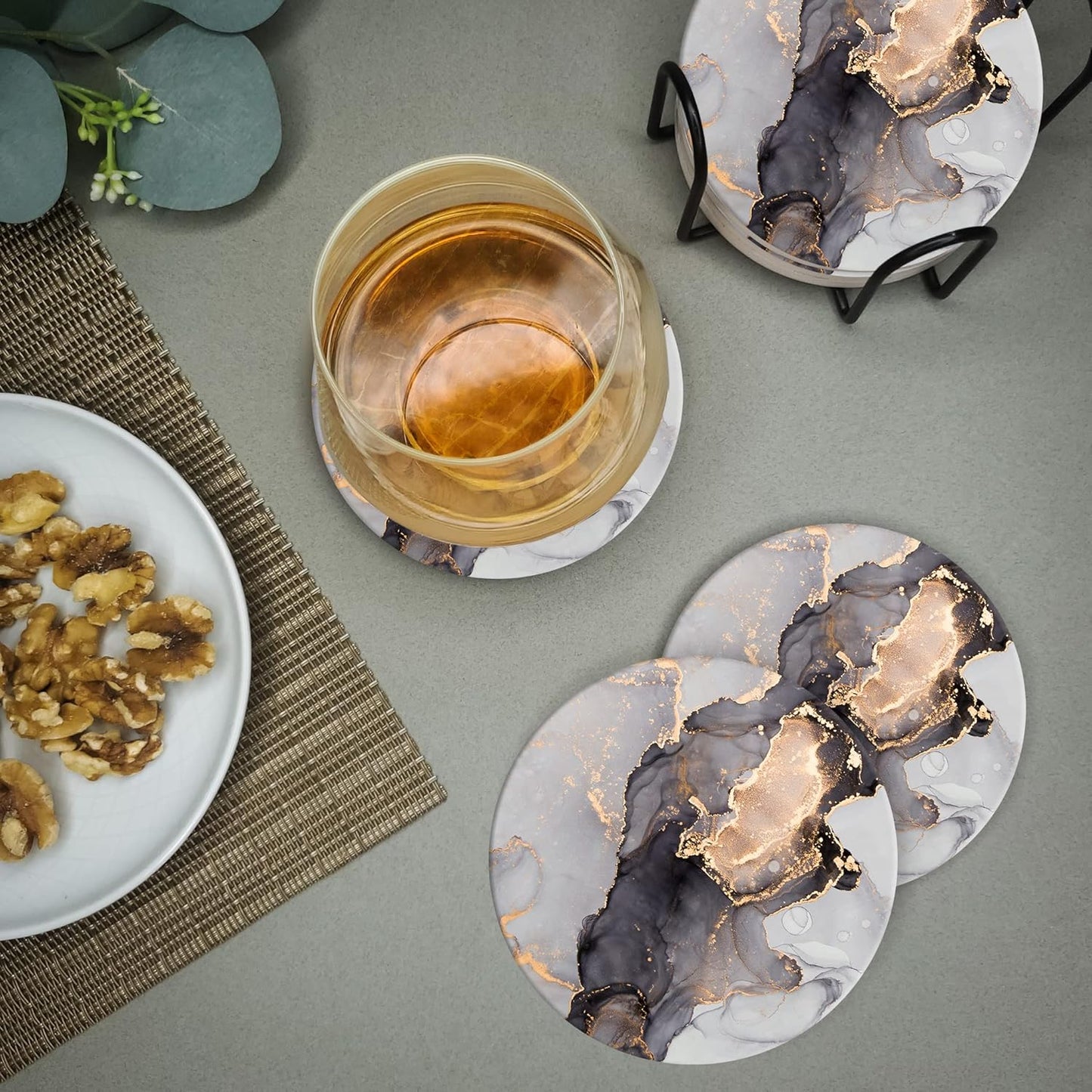 Emerson Coasters for Drinks Absorbent – Saucers Coffee Table Set of 6 with Holder, 100% Ceramic Wooden Tabletop Protection Marble Style, Non-Slip & Cork Bottom - Heavy Duty Drink Coasters (Crown)