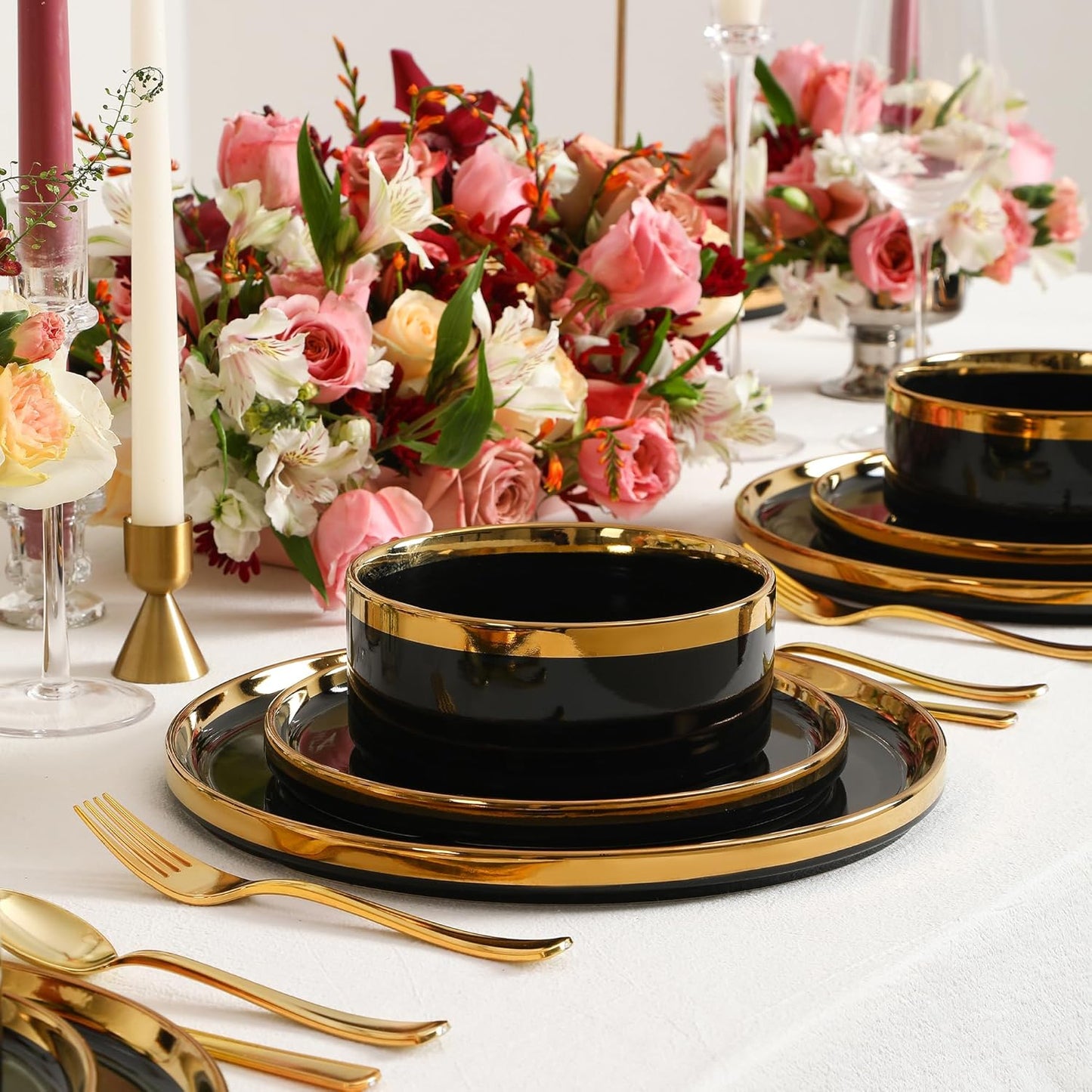 Christian Siriano Solene Stoneware Dinnerware, 12-Piece Plates and Bowls Set, Dish Set for 4, Black with Gold Rim, Glossy Finish, Hand Wash Only