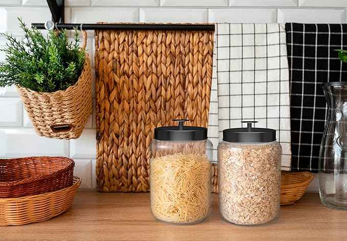 KooK Glass Storage Containers with Lids, Glass Jar with Lid, 1 Gallon, Set of 2, Glass Canister, Storage, Laundry, Kitchen Jar, (Circular, Black)