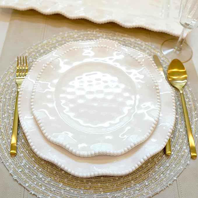 Perlette Off-White Beaded 12-Piece Dinnerware Set – Includes 4 Dinner Plates, 4 Salad Plates, 4 Bowls (7.5" x 2", 22 oz) – Elegant Unbreakable Melamine, Heavyweight, Perfect for Indoor/Outdoor Dining