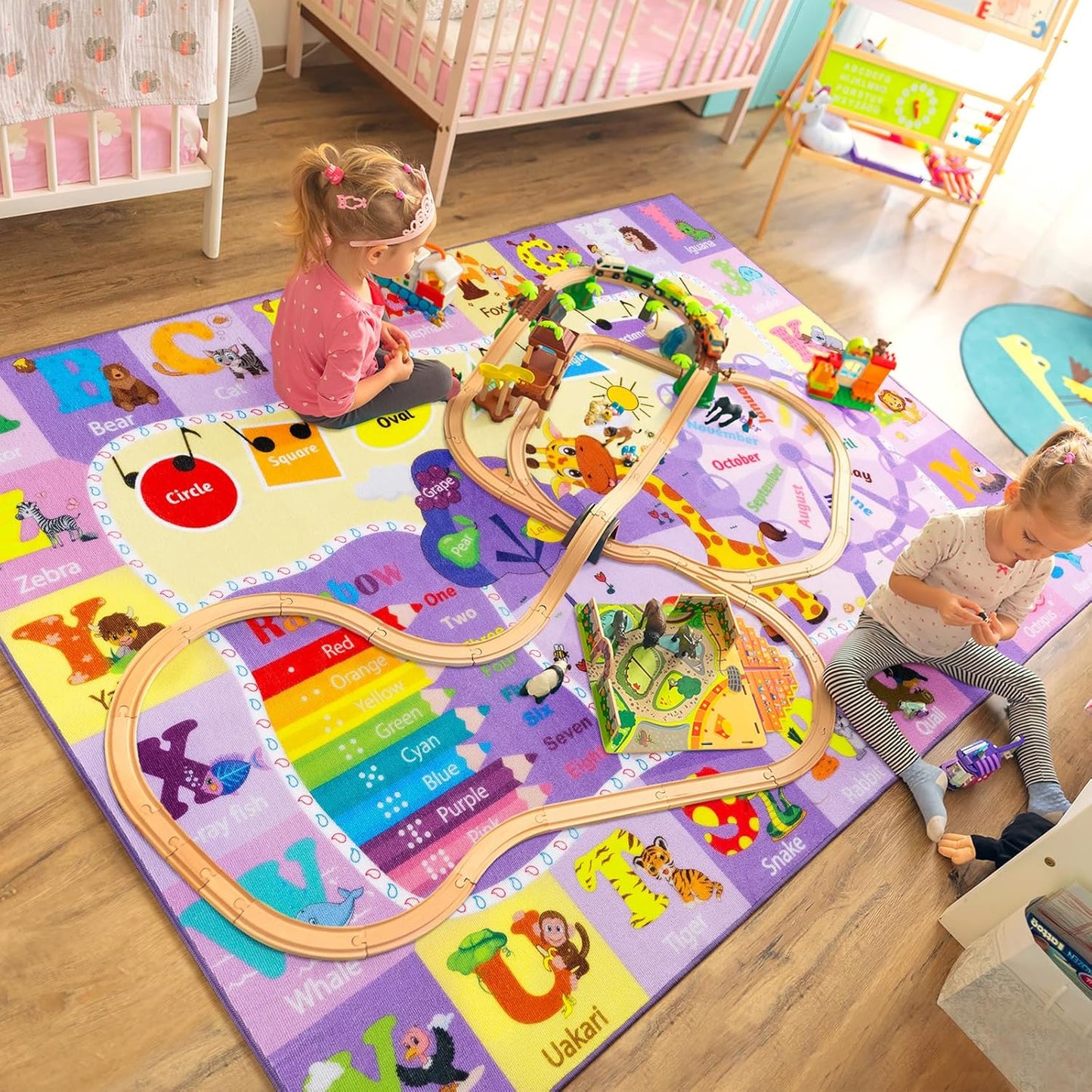 Kids Rugs for Playroom Bedroom Classroom Nursery, Non-Slip and Washable Rugs for Children Toddlers Girls, Educational and Fun Rug Carpets with ABC Alphabet Animals Shapes, 5x7, Purple