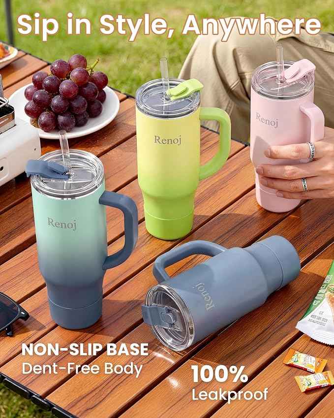 Renoj Insulated Mug 100% Leak Proof Insulated Water Bottle for Iced Coffee & Hot Drinks - Fits Car Cup Holder, Ideal Gift, 2 Straws & Silicone Boot - SnapShift Blue Gradient 32 oz
