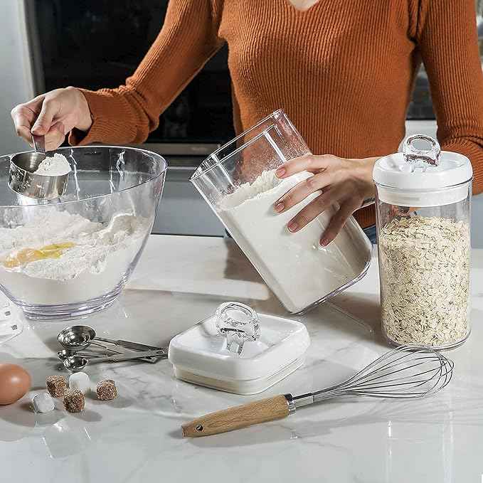 Felli Flip Tite Food Storage Container with Scoop & Lid 5" LARGE Airtight Ring Top, Acrylic Canister for Sugar Flour Baking Powder Rice Pasta, Kitchen Organizer Christmas Gift Set (10pk, Variety)