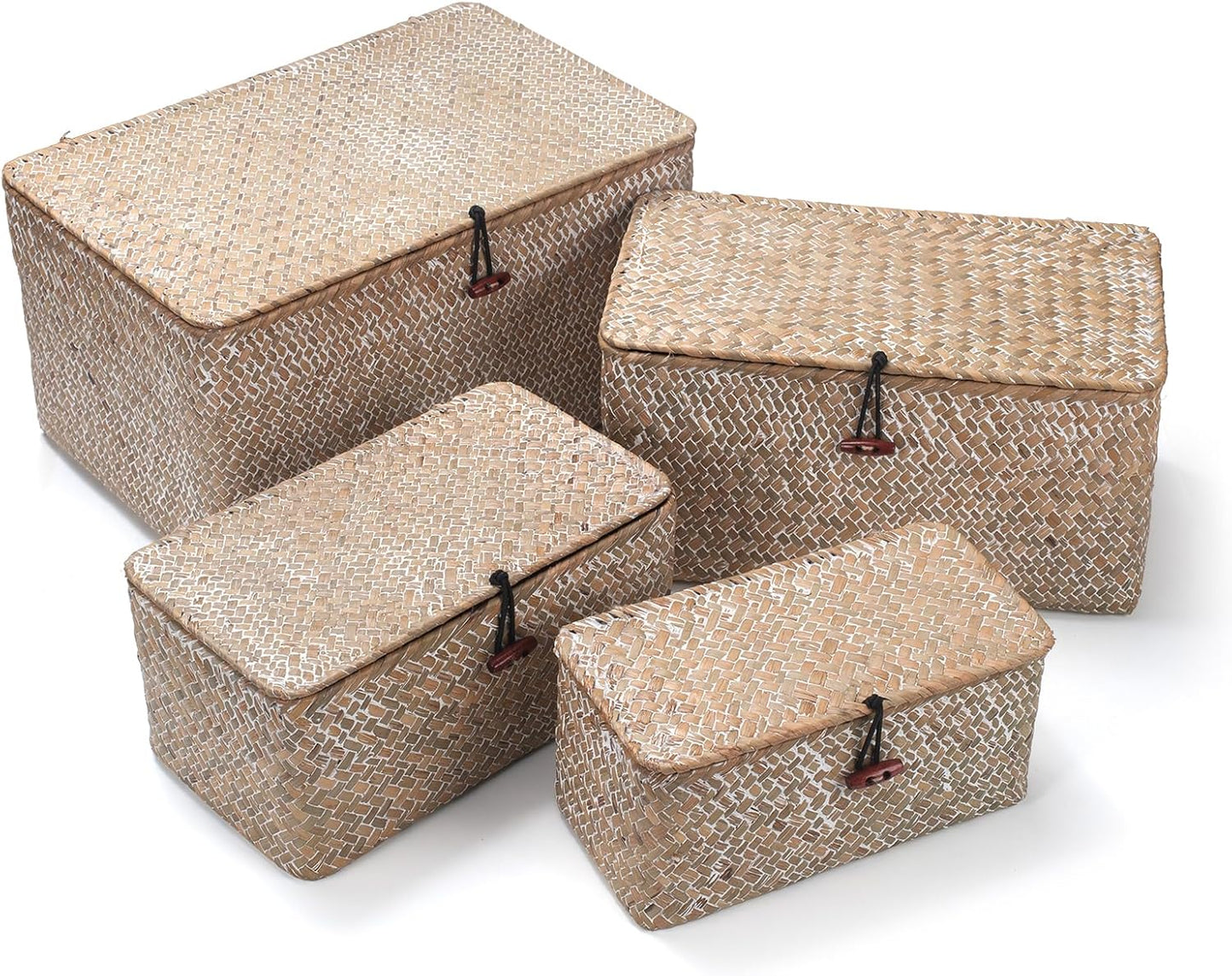 Wicker Basket with Lid, Seagrass Storage Basket, Woven Decorative Storage Baskets for Shelf Organizing, Whitewash