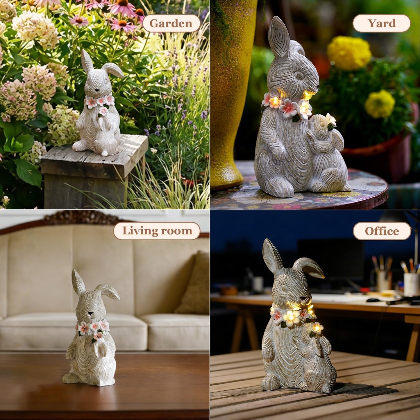 Garden Statues Rabbit with Solar Lights Outdoor Bunny Figurines Decorations for Patio Yard Lawn Ornaments Easter Gifts for Women Birthday