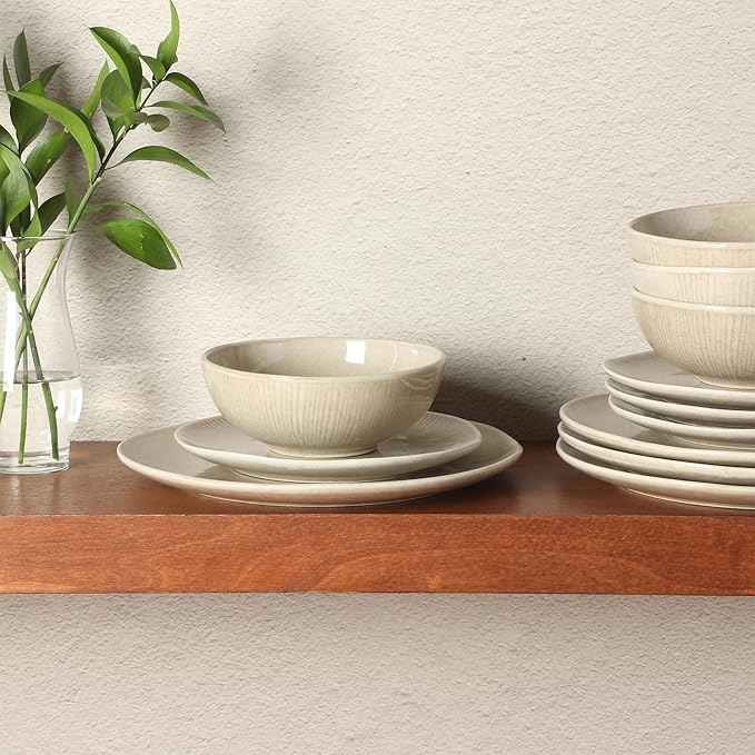Gibson Elite Sandy Pines Stoneware Plates and Bowls Set - 12 Piece Reactive Glaze Dinnerware Set - Service for 4 - Dishwasher and Microwave Safe - Cream Taupe