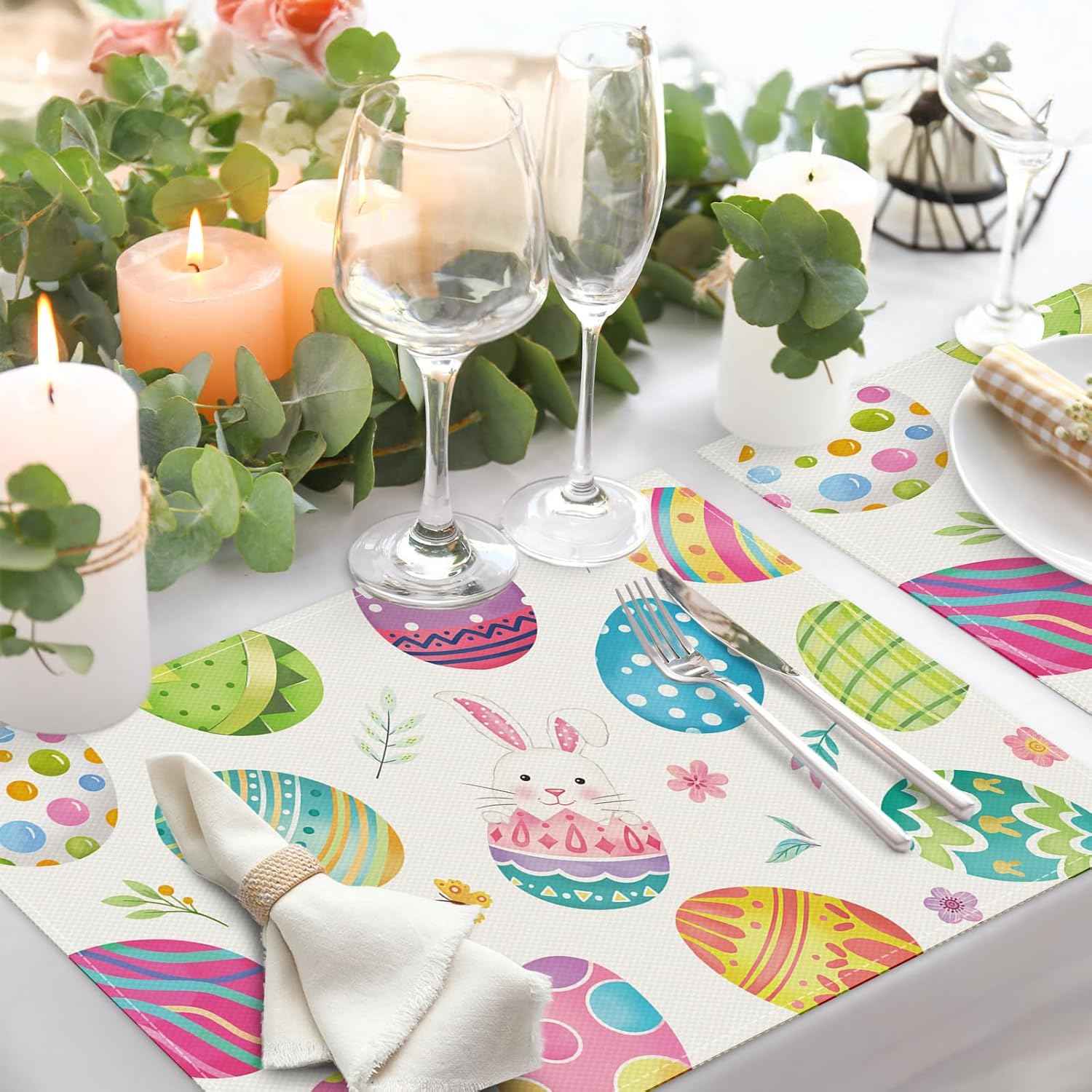 Bonhause Easter Eggs Placemats Set of 4, 12x18 Inch Spring Bunny Floral Seasonal Kitchen Dining Table Mats Washable Place Mats for Indoor Outdoor Home Party Easter Decor
