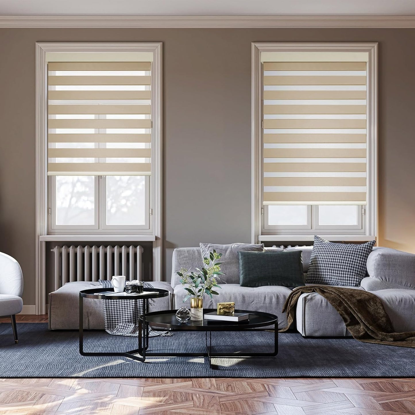 HESTIA Cordless Zebra Blinds Light Filtering Roller Shades UV Blocking Blackout Privacy Indoor Window Shades for Home Office Day and Night, Beige,43" W x 48" H