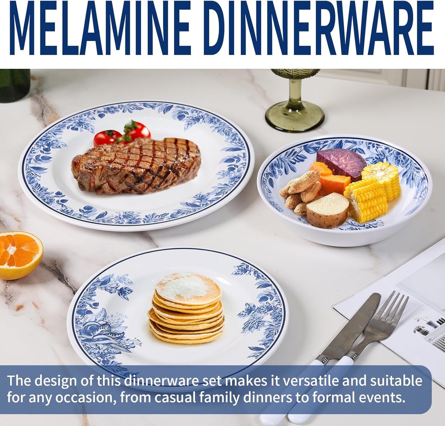 Melamine Dinnerware Sets-12pcs Floral Dinnerware Set Service for 4, Blue White Plates and Bowls Sets, Dishwasher Safe, Break-resistant, Outdoor Camping Picnics Use, Reusable, Traditional Flower