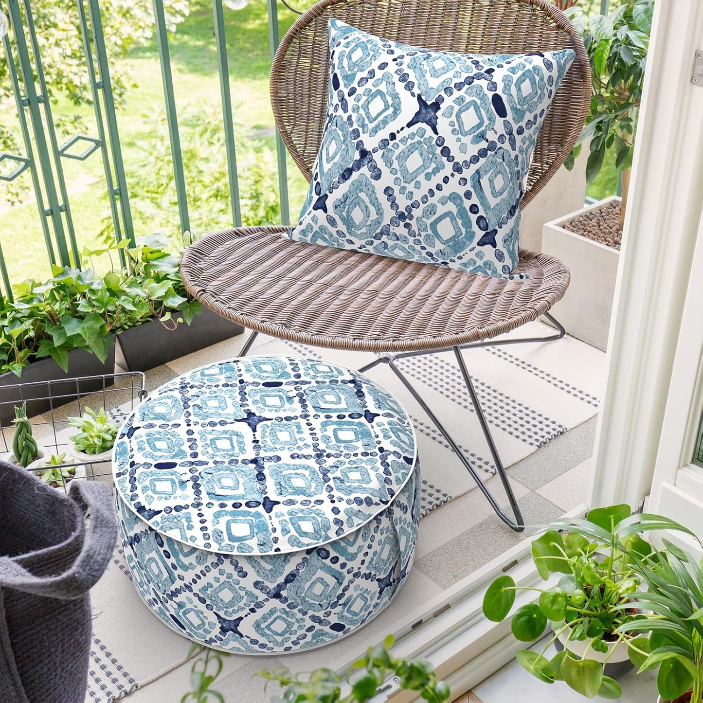 DYTXIII Inflatable Ottoman Stool D21 xH9 for Outdoor/Indoor Use, Water Repellent Patio Foot Rest with Portable Handle,Round Pouf Ottoman Suitable for Garden,Deck and Camping - Geometry Blue