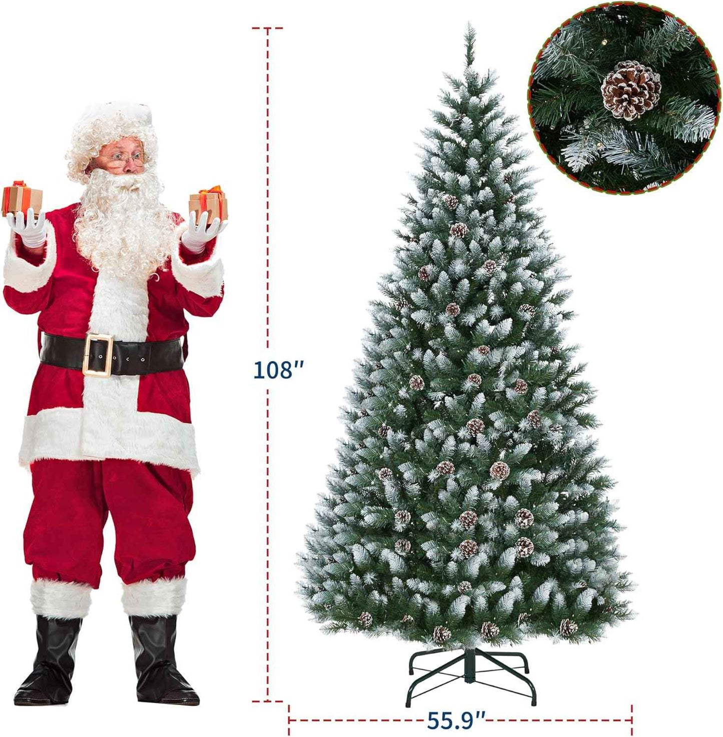 9 ft Christmas Tree, Christmas Decorations with 900 Lights, Pre-lit Artificial Christmas Tree with 1800 Snowy White PVC Branches, Flodable Metal Stand＆Easy Assembly