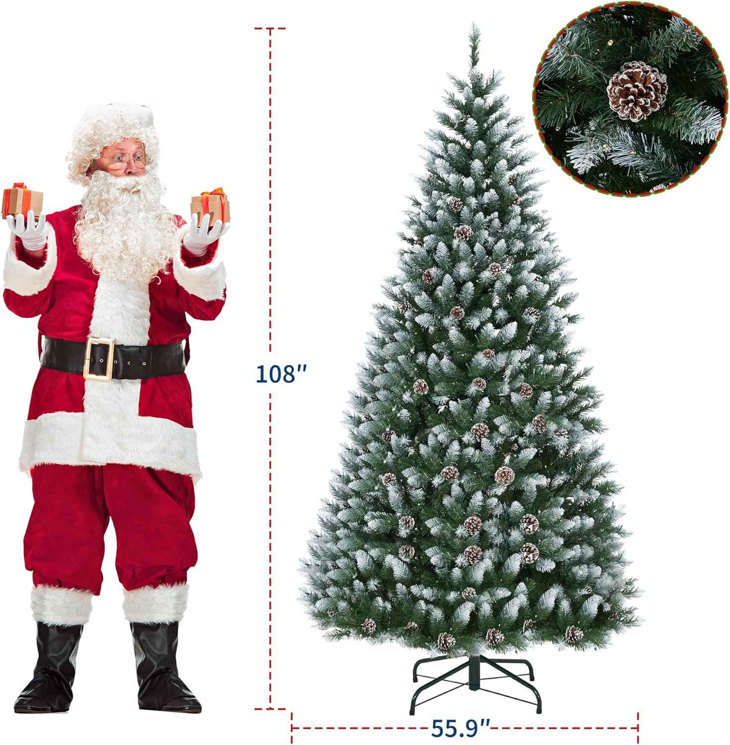 9 ft Christmas Tree, Christmas Decorations with 900 Lights, Pre-lit Artificial Christmas Tree with 1800 Snowy White PVC Branches, Flodable Metal Stand＆Easy Assembly