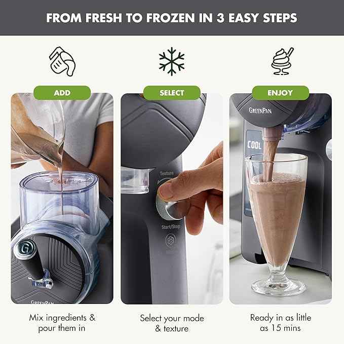 GreenPan Frost Ice Cream Maker & Slushie Machine, Soft Serve, Sorbet, Margaritas, Milkshakes, Frozen Yogurt, No Pre-Freezing, Ready in 15 Mins, 6 Modes, 7 Textures, Self-Cleaning, Family Size, Gray