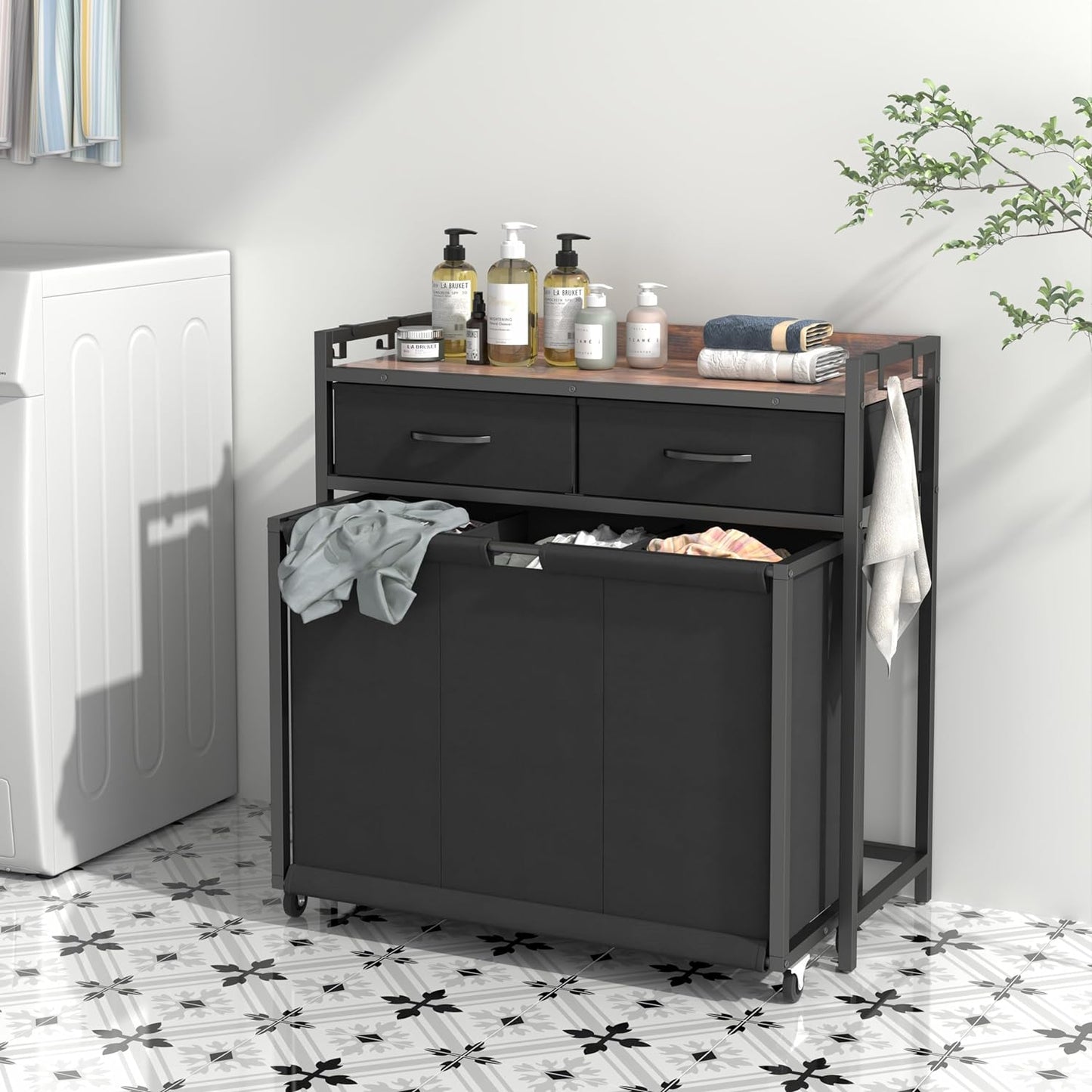 Laundry Hamper Laundry Basket with 3 Section Pull-Out Rolling Bags, Laundry Sorter for Organization and Storage with 2 Pull-Out Drawers for Laundry Room, Bathroom, Bedroom Use (Rustic Brown)