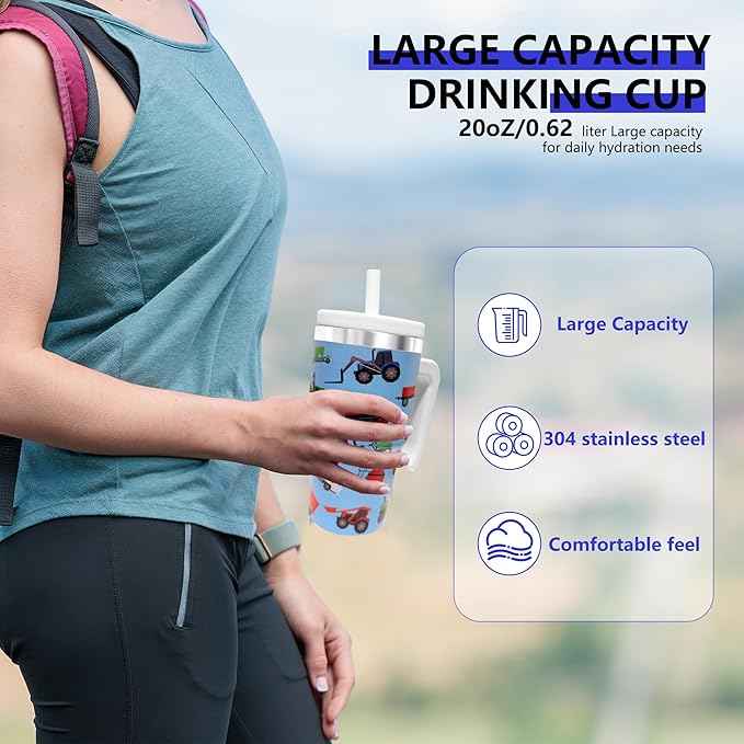 20-OZ Insulated Water Bottle,Insulated Stainless Steel Tumbler,Reusable Cold Drink Thermos,BPA-Free, Double-Wall Stainless Steel Water Bottle (Blue-Farm Vehicle, 20, Fluid Ounces)