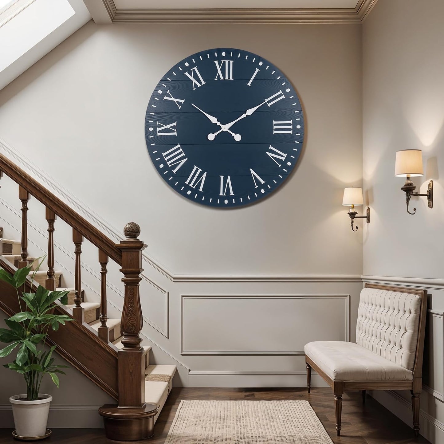 Large Wall Clock with Roman Numeral, 35” Shiplap Wall Clock Farmhouse Nearly Non-Ticking, Round Clock for Living Room Decor, Office, Bedroom, Entrance, Blue