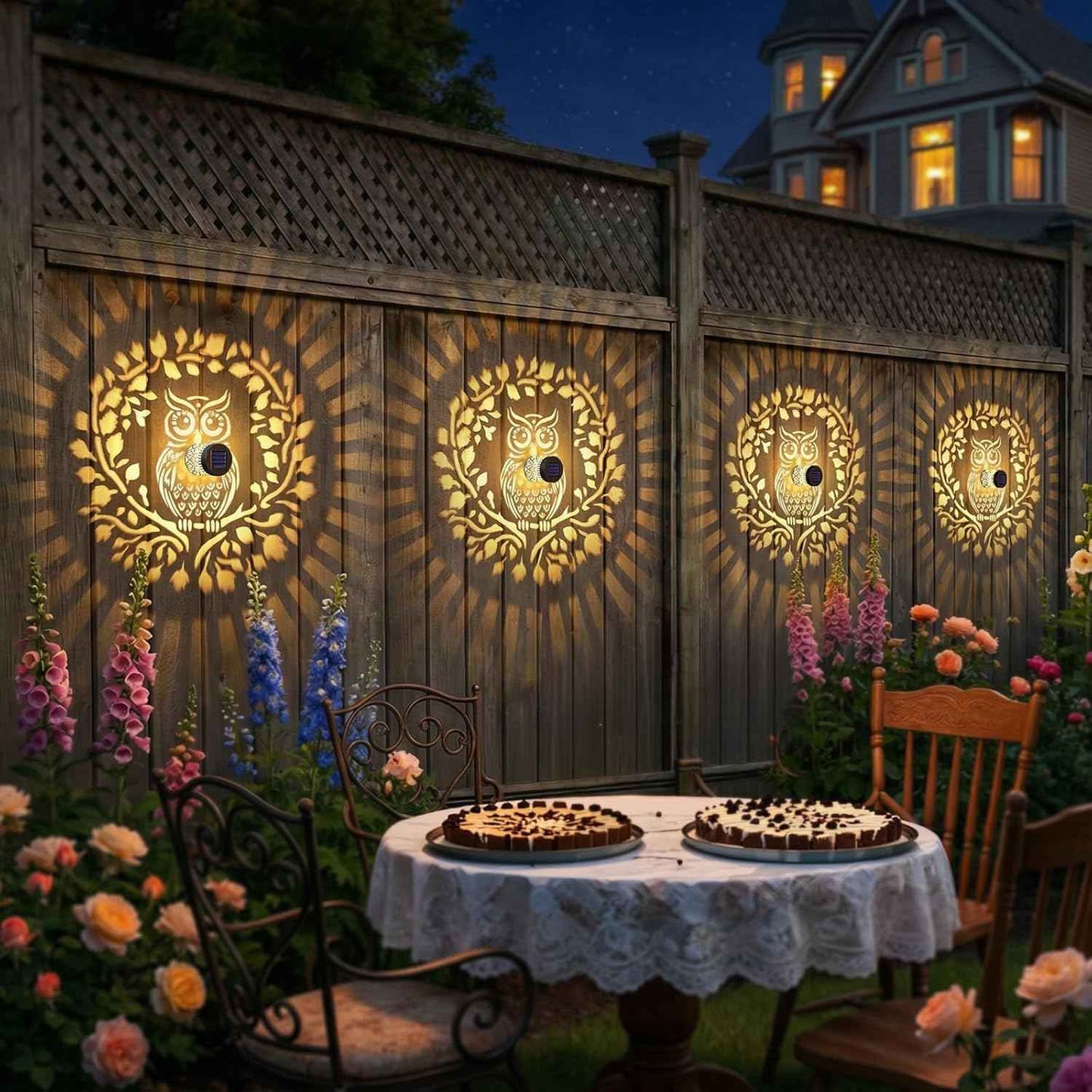 Solar Fence Lights Outdoor 2 Pack — Owl-Themed Metal Waterproof LED Warm Light for Garden, Patio & Yard (Black)
