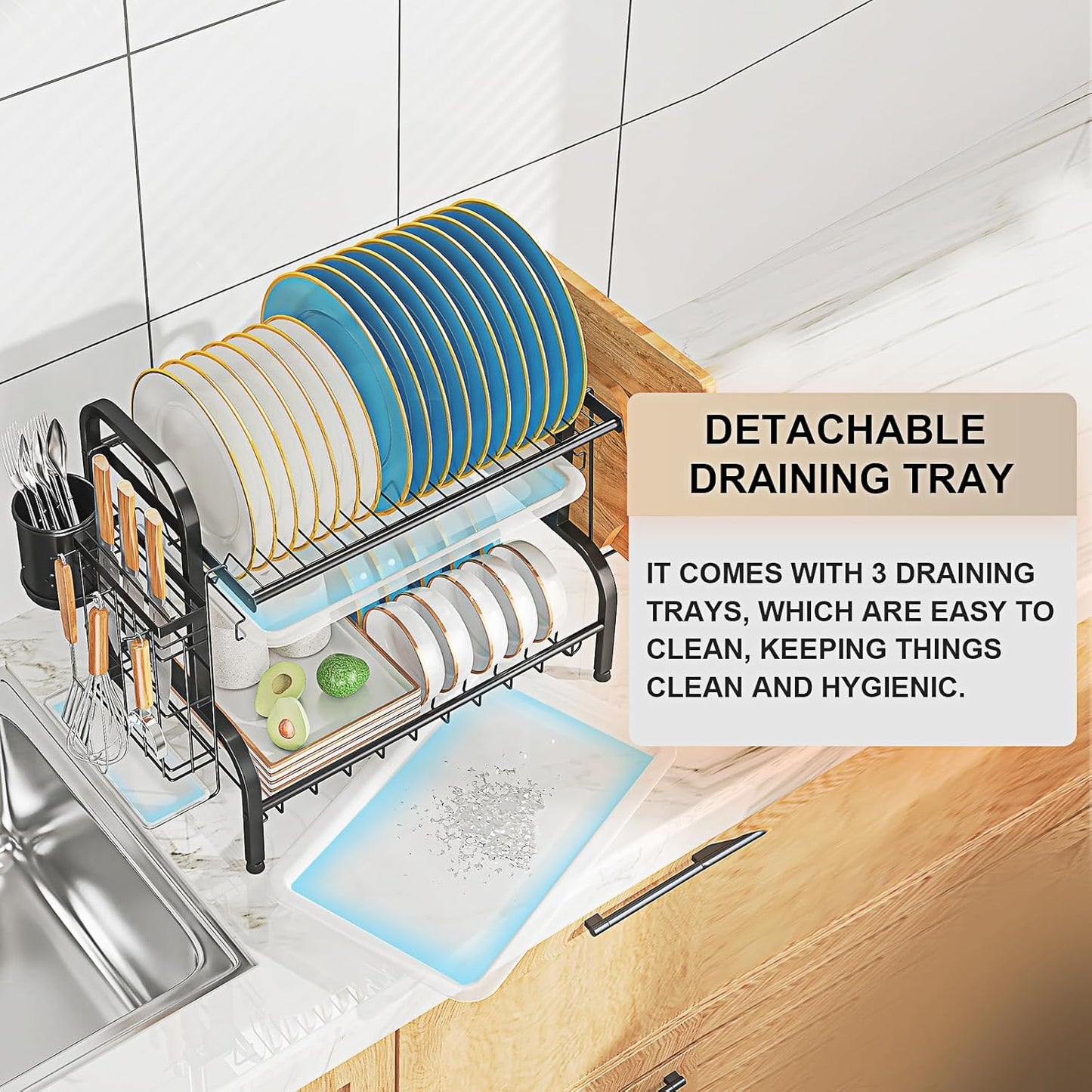 2-Tier Stainless Steel Dish Drying Rack, Space-Saving Kitchen Organizer for in/Over Sink/Counter, with Removable Drain Tray & Cutlery Holder & Utensil Holder, Black
