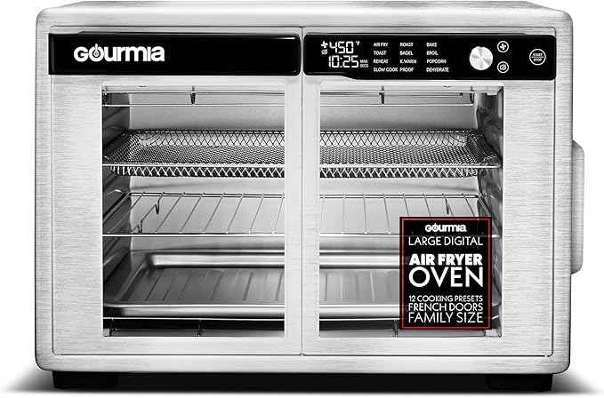 Gourmia French Door Air Fryer Oven - 37 Qt Large Capacity Convection Toaster Oven, FryForce 360°, Digital Display, 12 Cooking Presets, Dehydrate, Fits 13” Pizza, Dishwasher-Safe, Stainless Steel