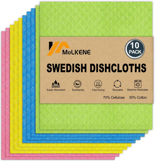 Swedish Dishcloths for Kitchen | 10 Pack Cellulose Sponge Dish Cloths Washable | Non-Scratch Reusable Towels Rags Ultra-Absorbent Cleaning Cloths Quick Drying
