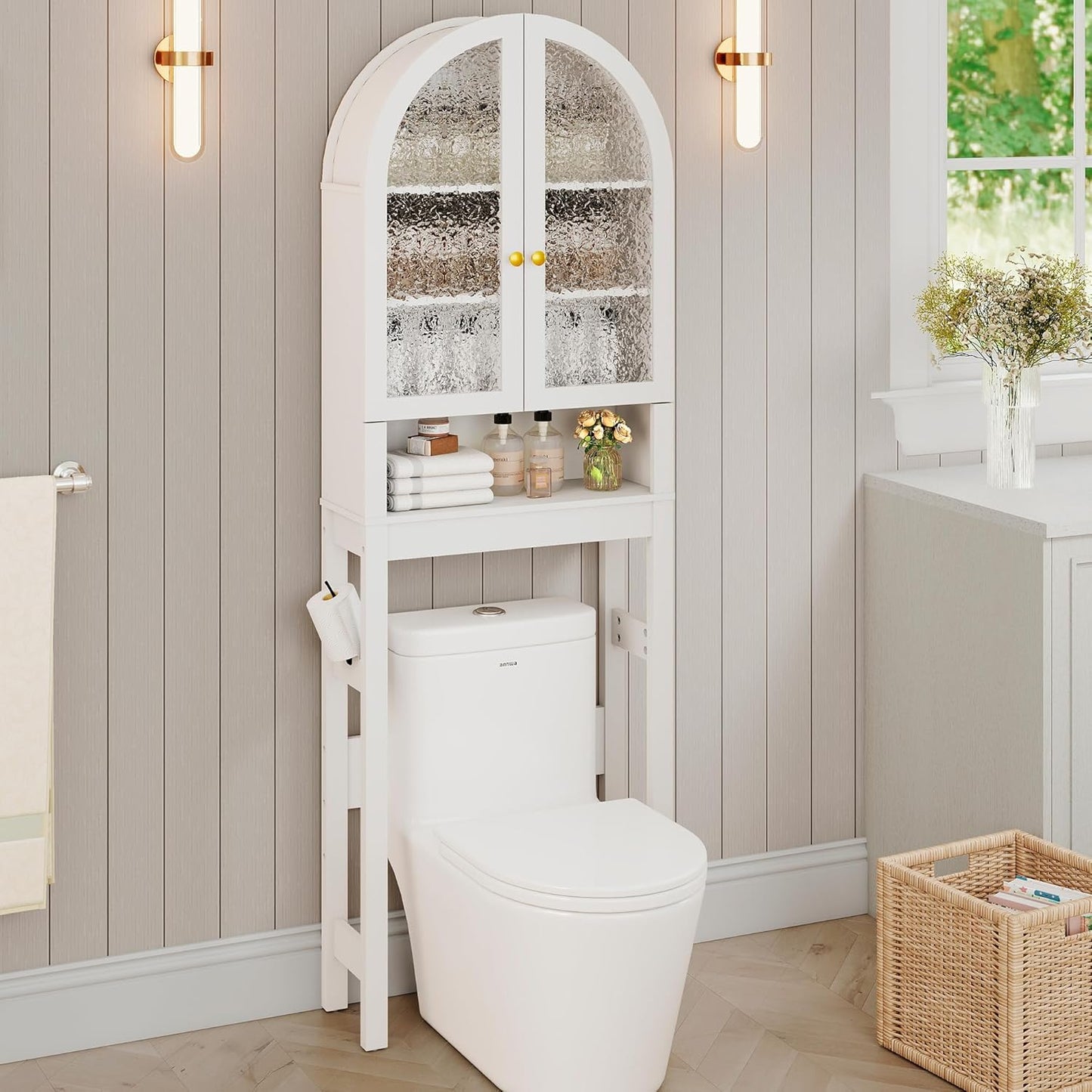 HMstone Over The Toilet Storage Cabinet, Arched Bathroom Organizer and Storage with Acrylic Doors and Adjustable Shelf, Space-Saving Freestanding Bathroom Modern Storage Cabinet Over Toilet