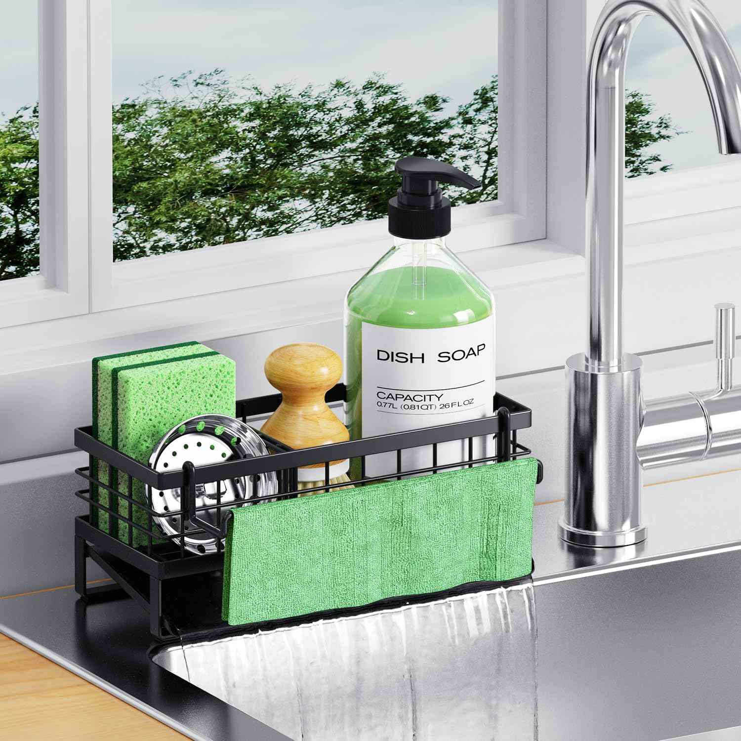 Self-Draining Kitchen Sink Caddy, Rustproof Non-Slip Metal Sponge Holder with Detachable Dish Cloth Holder (Black)