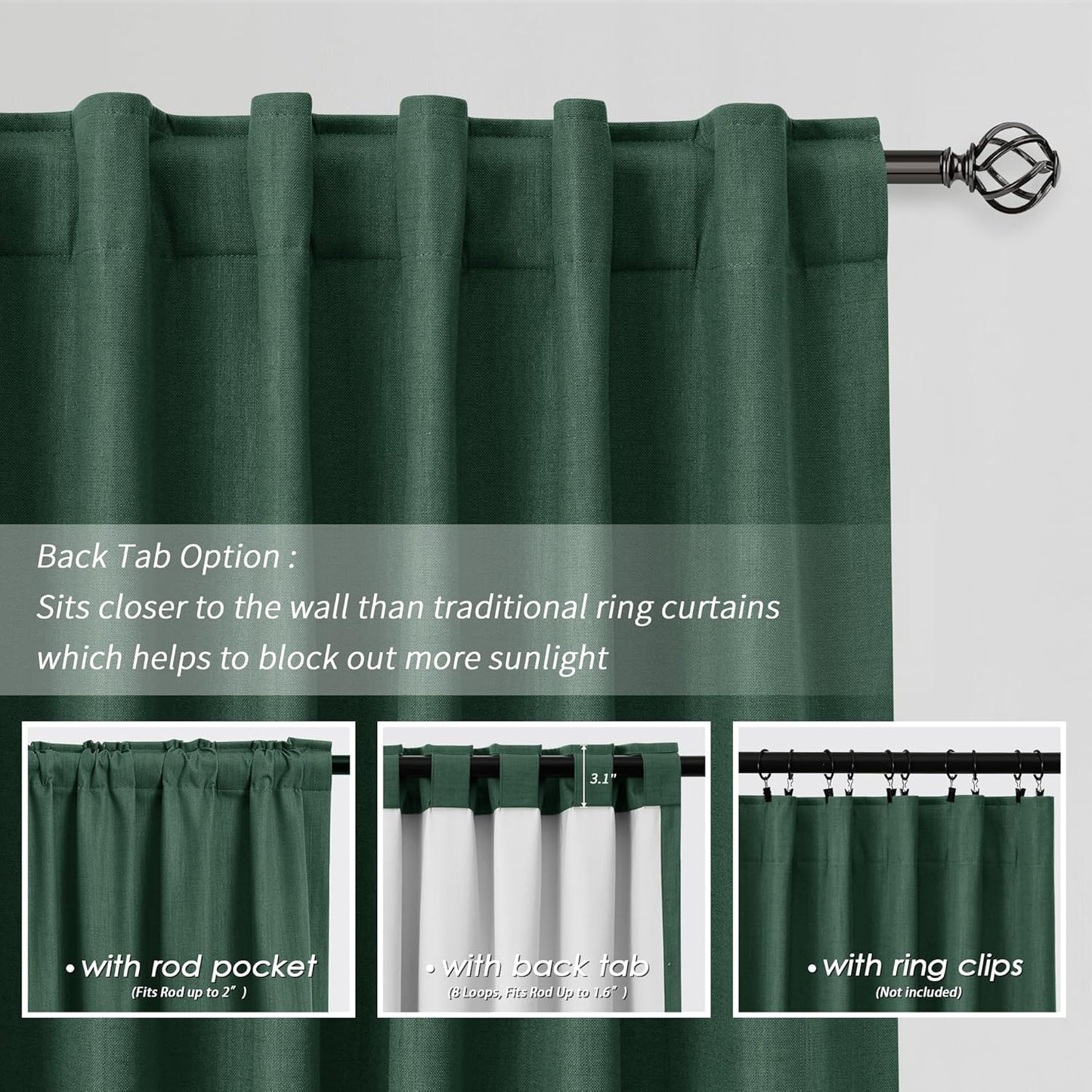 BOODII 100% Blackout Curtains for Bedroom 95 Inch Length 2 Panels Set Room Darkening Linen Curtains Green Black Out Curtain Thermal Insulated for Living Room Window Drapes Back Tab 52x95