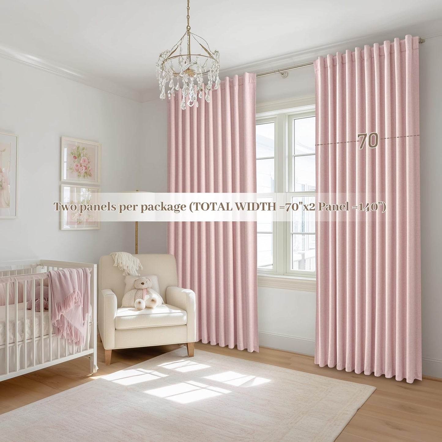 Cute Baby Pink Blackout Curtains 70 Inches Extra Wide Pleated for Grils Bedroom 2 Panels Set, 96 Inch Long Curtain for Sliding Glass Doors Thermal Large Window Heavy Duty Drapes (W70xL96x 2 Panels)