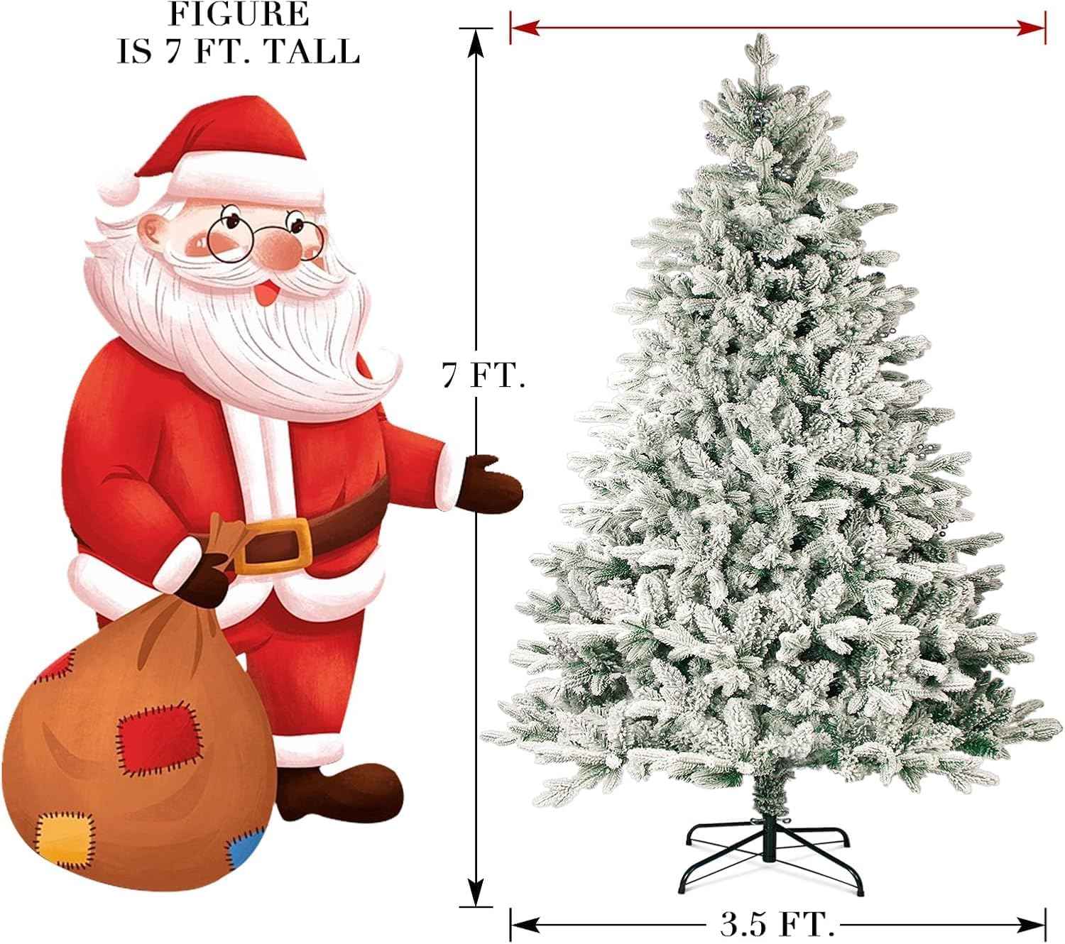 Outroad 7ft Snow Flocked Christmas Tree Premium Hinged Artificial Pine Tree, Xmas Tree Metal Stand and 1000 Lush Branch Tips Holiday Decorate, Easy to Assemble, White